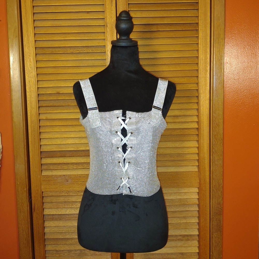 Rhinestone Silver Mesh Corset Top Women (M) Lace Up Costume Cosplay Rave